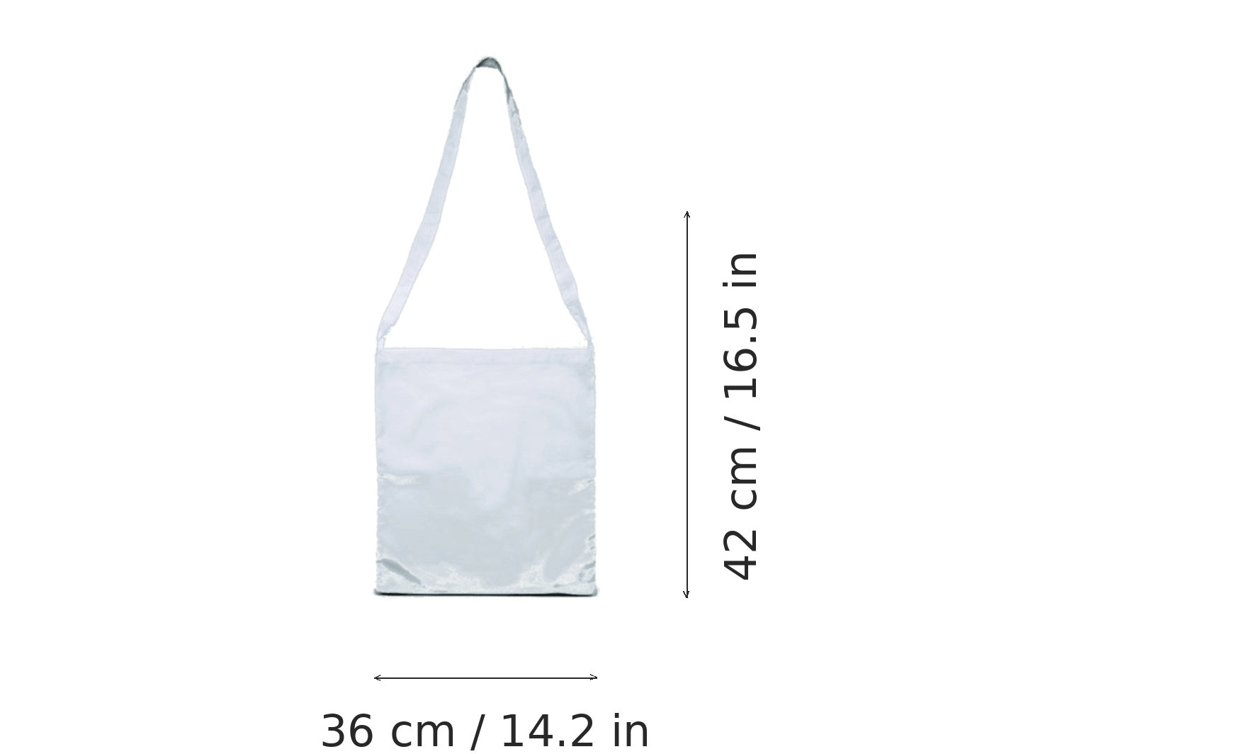 Hvid mulepose med skulderrem og eget tryk, 130 g/m², 36 × 42 cm, vist med mål for bredde og højde