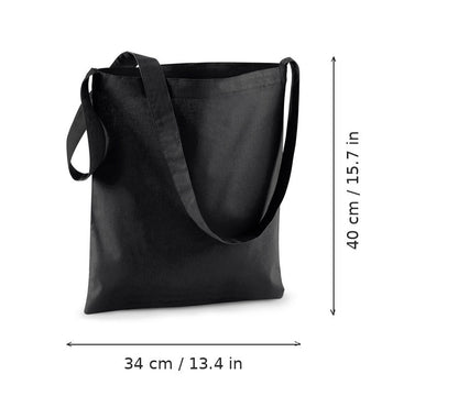 Black cotton sling tote bag with logo print, 140 g/m², 34 × 40 cm, shown with width and height measurement markings