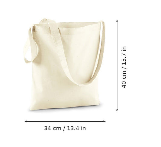 Bolsa de algodón con bandolera natural y estampado personalizado, 140 g/m², 34 × 40 cm, con medidas de ancho y alto