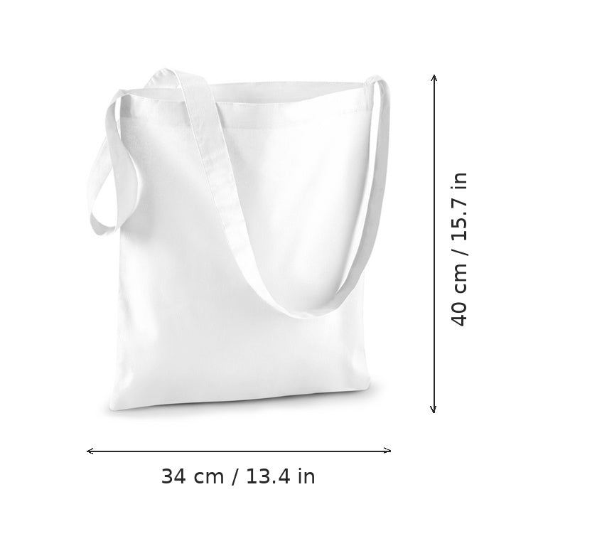 White cotton sling tote bag with logo print, 140 g/m², 34 × 40 cm, shown with width and height measurement markings