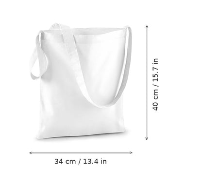 White cotton sling tote bag with logo print, 140 g/m², 34 × 40 cm, shown with width and height measurement markings