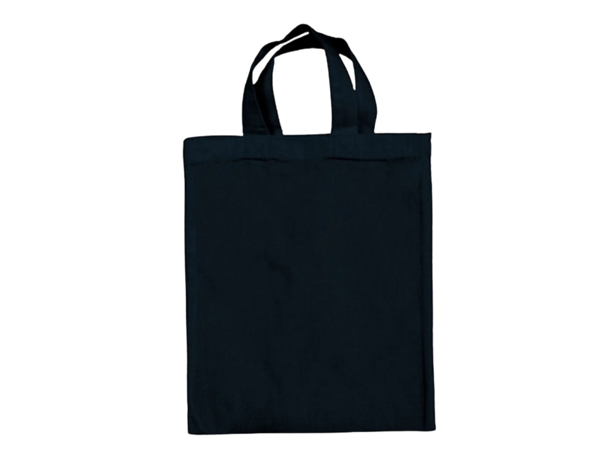Navy / dark blue small cotton tote bag with short handles and custom logo print, 140 g/m², 22 × 26 cm