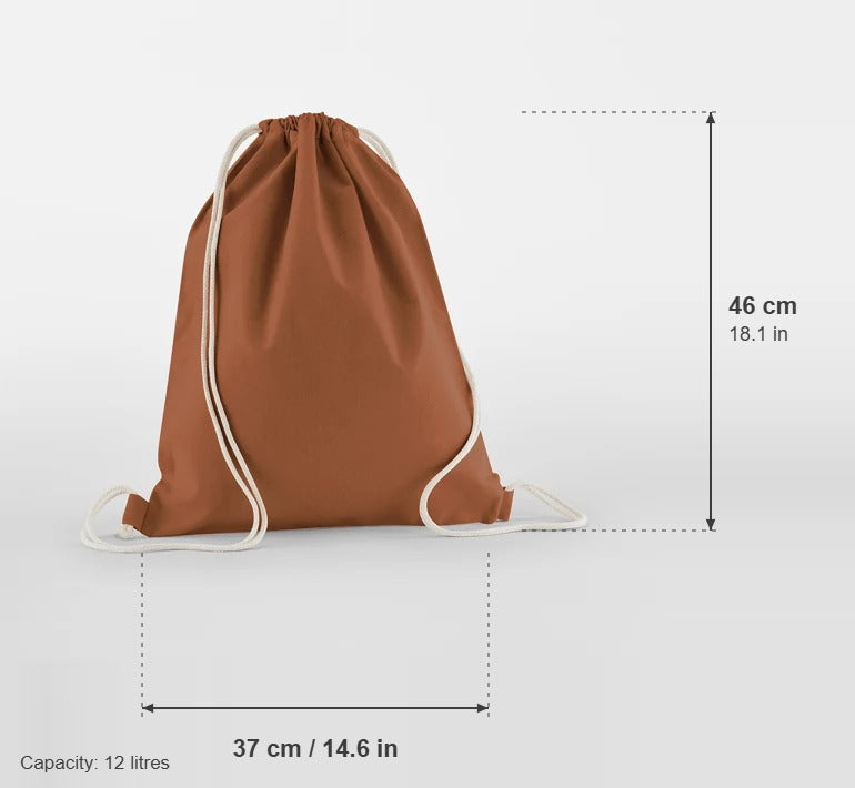 Terracotta organic cotton gymsac, 140 g/m², with measurements: 37 cm wide, 46 cm high, 12 litres