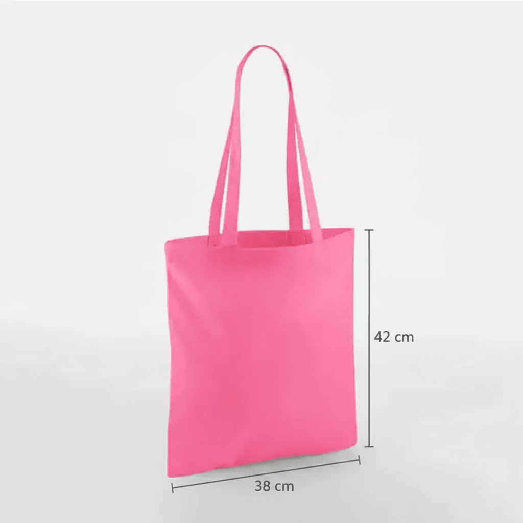 Shopper in cotone rosa acceso con manici lunghi e stampa personalizzata, 38 × 42 cm, con indicazioni di altezza e larghezza