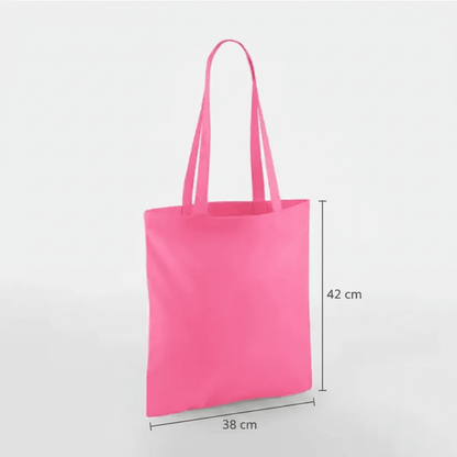 Shopper in cotone rosa acceso con manici lunghi e stampa personalizzata, 38 × 42 cm, con indicazioni di altezza e larghezza