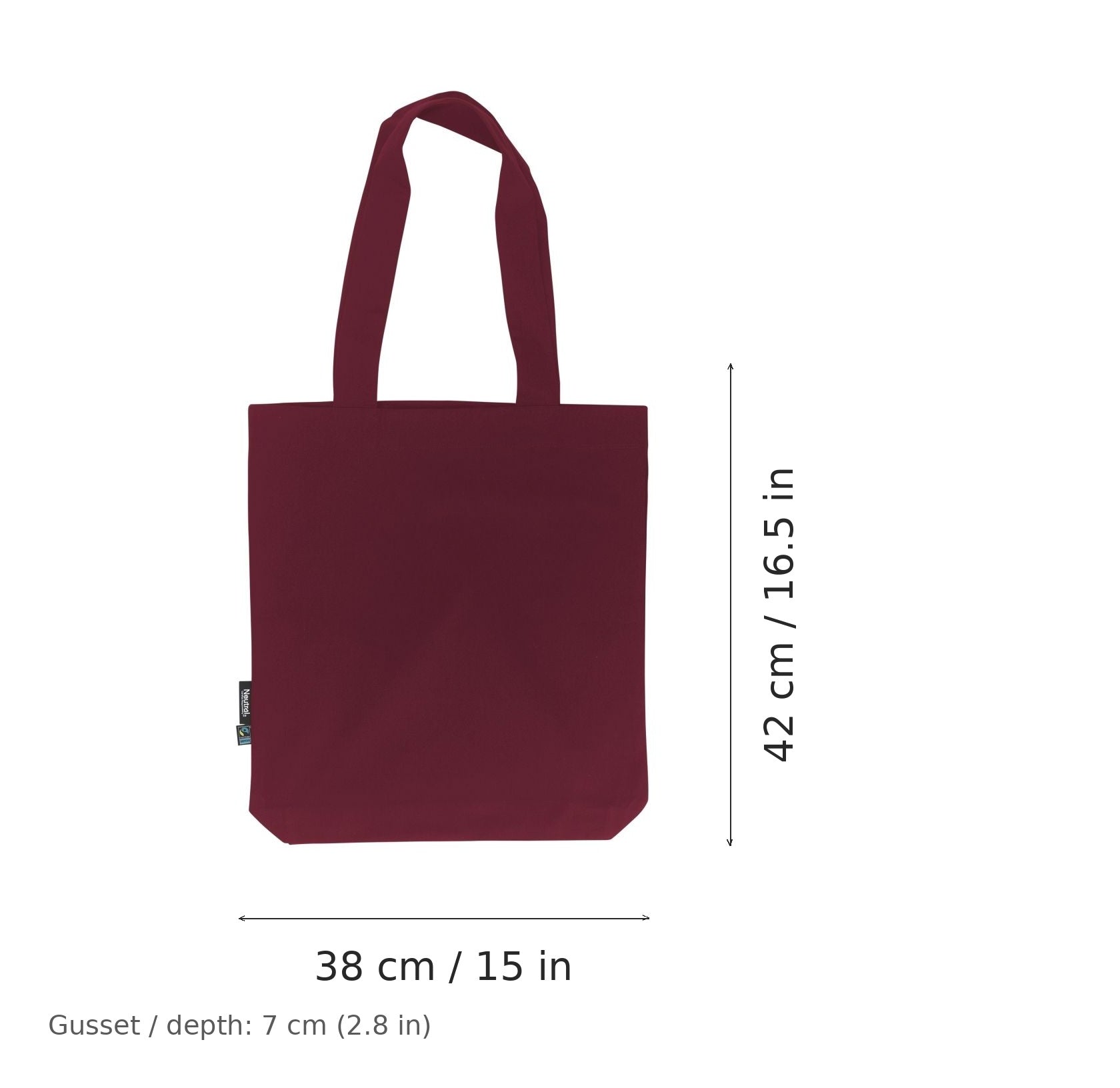 Bolsa de twill de algodón orgánico burdeos con estampado personalizado, 210 g/m², 38 × 42 cm con fuelle de 7 cm, con medidas de ancho y alto