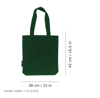 Bolsa de twill de algodón orgánico verde botella con estampado personalizado, 210 g/m², 38 × 42 cm con fuelle de 7 cm, con medidas de ancho y alto