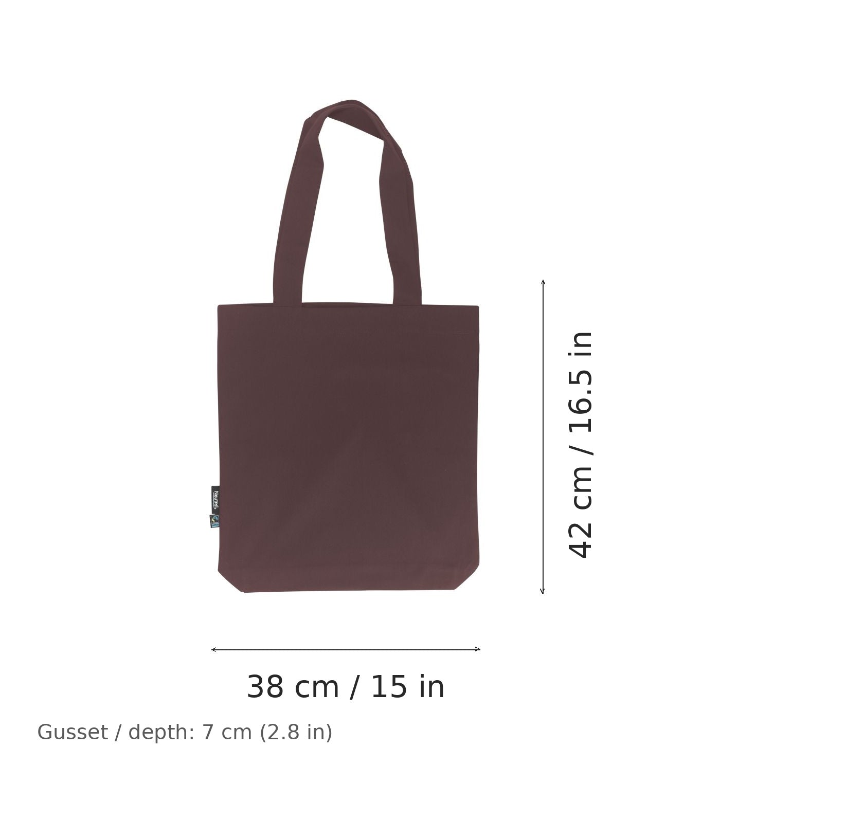Shopper in twill di cotone biologico marrone con stampa personalizzata, 210 g/m², 38 × 42 cm con soffietto da 7 cm, con misure di larghezza e altezza