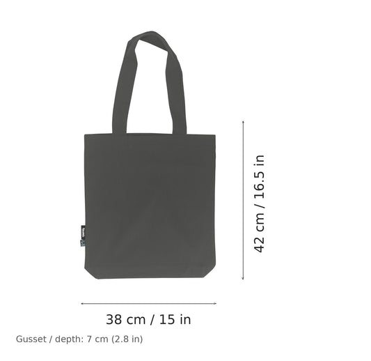 Shopper in twill di cotone biologico grigio antracite con stampa personalizzata, 210 g/m², 38 × 42 cm con soffietto da 7 cm, con misure di larghezza e altezza