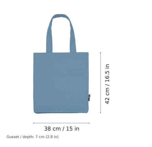 Shopper in twill di cotone biologico blu indaco polvere con stampa personalizzata, 210 g/m², 38 × 42 cm con soffietto da 7 cm, con misure di larghezza e altezza