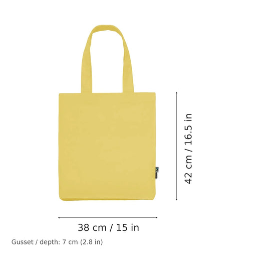 Shopper in twill di cotone biologico giallo polvere con stampa personalizzata, 210 g/m², 38 × 42 cm con soffietto da 7 cm, con misure di larghezza e altezza