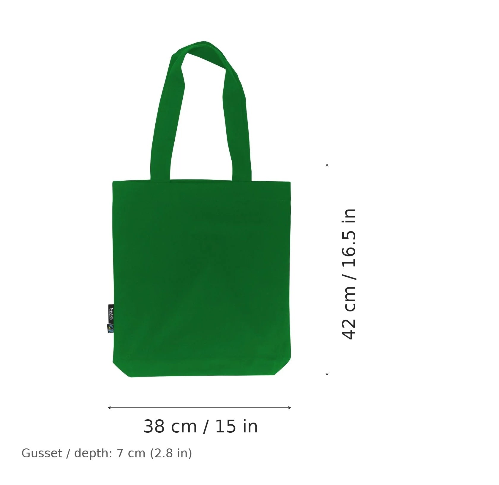 Bolsa de twill de algodón orgánico verde con estampado personalizado, 210 g/m², 38 × 42 cm con fuelle de 7 cm, con medidas de ancho y alto