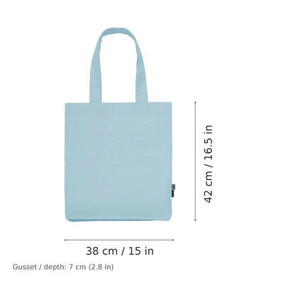 Bolsa de twill de algodón orgánico azul claro con estampado personalizado, 210 g/m², 38 × 42 cm con fuelle de 7 cm, con medidas de ancho y alto