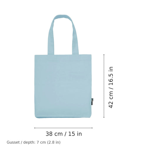 Shopper in twill di cotone biologico azzurra con stampa personalizzata, 210 g/m², 38 × 42 cm con soffietto da 7 cm, con misure di larghezza e altezza