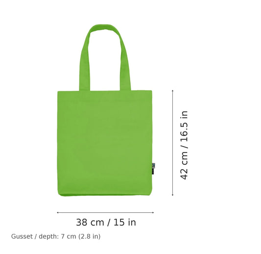 Shopper in twill di cotone biologico verde lime con stampa personalizzata, 210 g/m², 38 × 42 cm con soffietto da 7 cm, con misure di larghezza e altezza