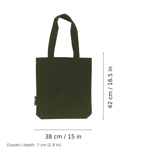 Shopper in twill di cotone biologico verde militare con stampa personalizzata, 210 g/m², 38 × 42 cm con soffietto da 7 cm, con misure di larghezza e altezza