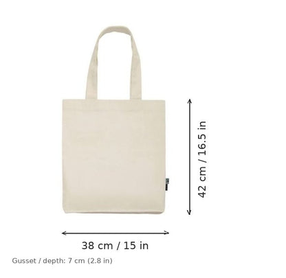Bolsa de twill de algodón orgánico natural con estampado personalizado, 210 g/m², 38 × 42 cm con fuelle de 7 cm, con medidas de ancho y alto