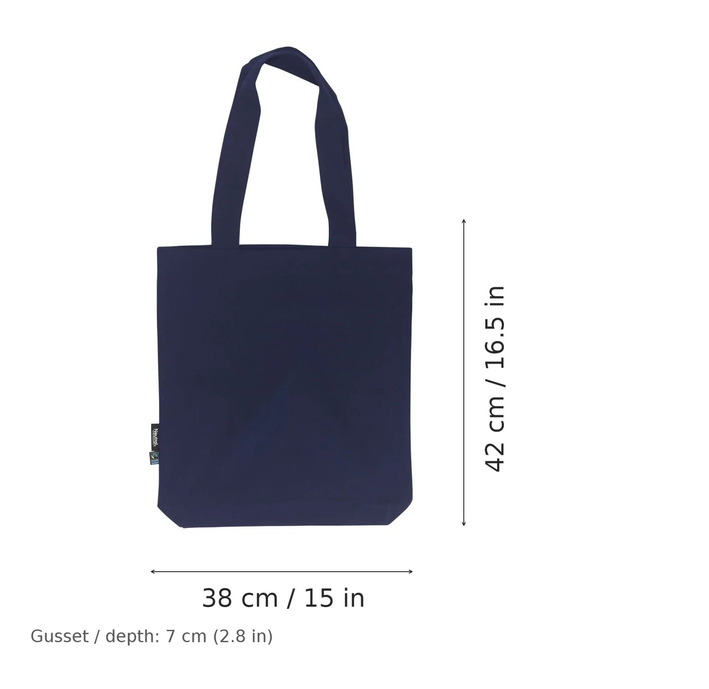 Shopper in twill di cotone biologico blu navy con stampa personalizzata, 210 g/m², 38 × 42 cm con soffietto da 7 cm, con misure di larghezza e altezza