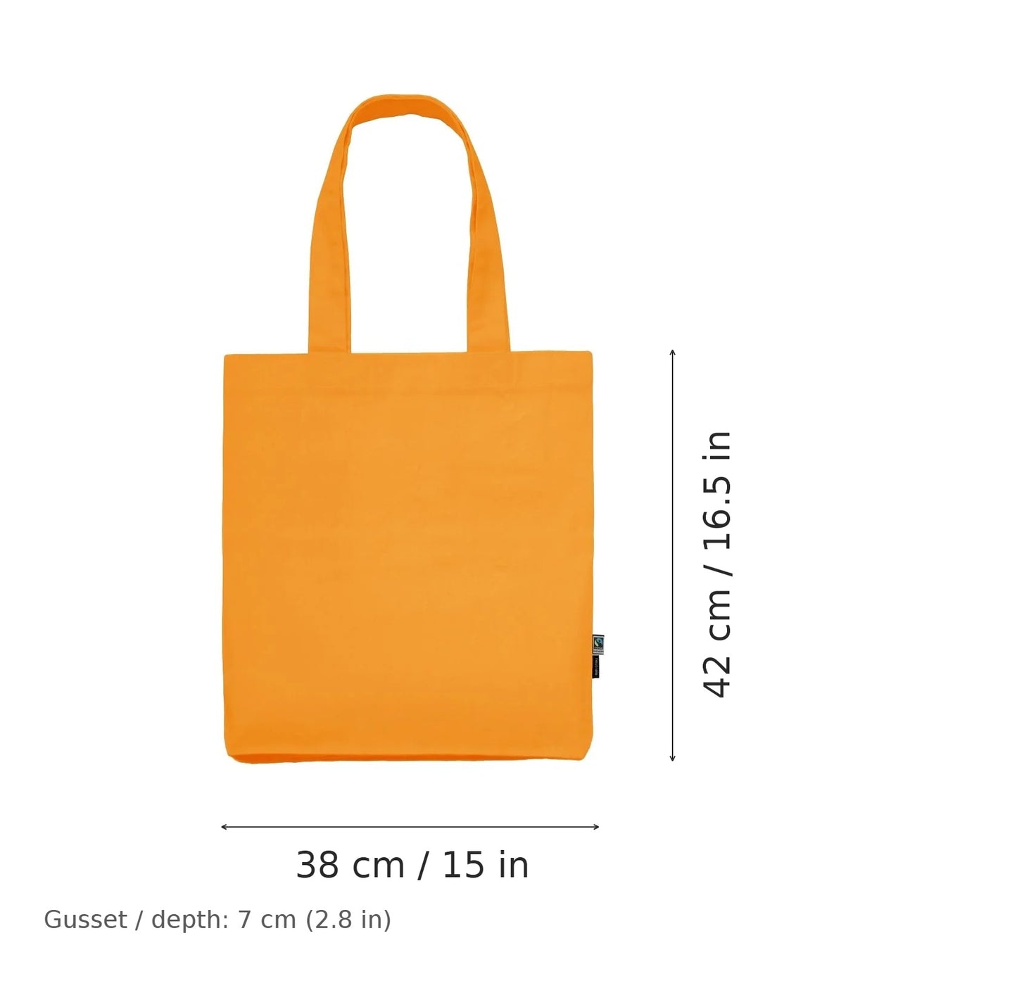 Oranssi luomu-twill-kangaskassi omalla painatuksella, 210 g/m², 38 × 42 cm ja 7 cm:n levike, mittakuvassa leveys ja korkeus
