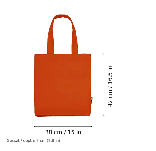 Shopper in twill di cotone biologico arancione con stampa personalizzata, 210 g/m², 38 × 42 cm con soffietto da 7 cm, con misure di larghezza e altezza