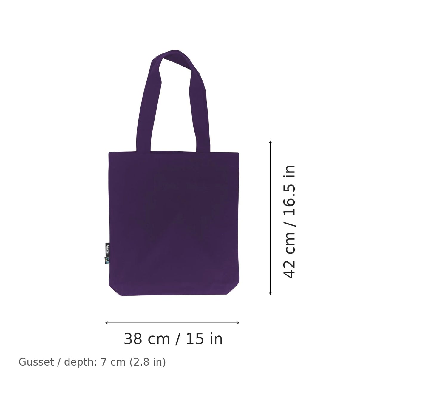 Bolsa de twill de algodón orgánico morada con estampado personalizado, 210 g/m², 38 × 42 cm con fuelle de 7 cm, con medidas de ancho y alto