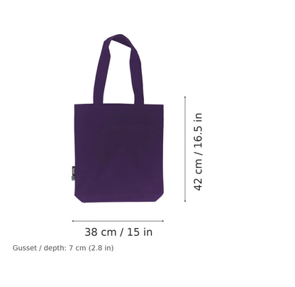 Bolsa de twill de algodón orgánico morada con estampado personalizado, 210 g/m², 38 × 42 cm con fuelle de 7 cm, con medidas de ancho y alto