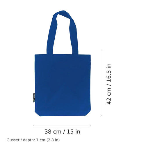 Shopper in twill di cotone biologico blu royal con stampa personalizzata, 210 g/m², 38 × 42 cm con soffietto da 7 cm, con misure di larghezza e altezza