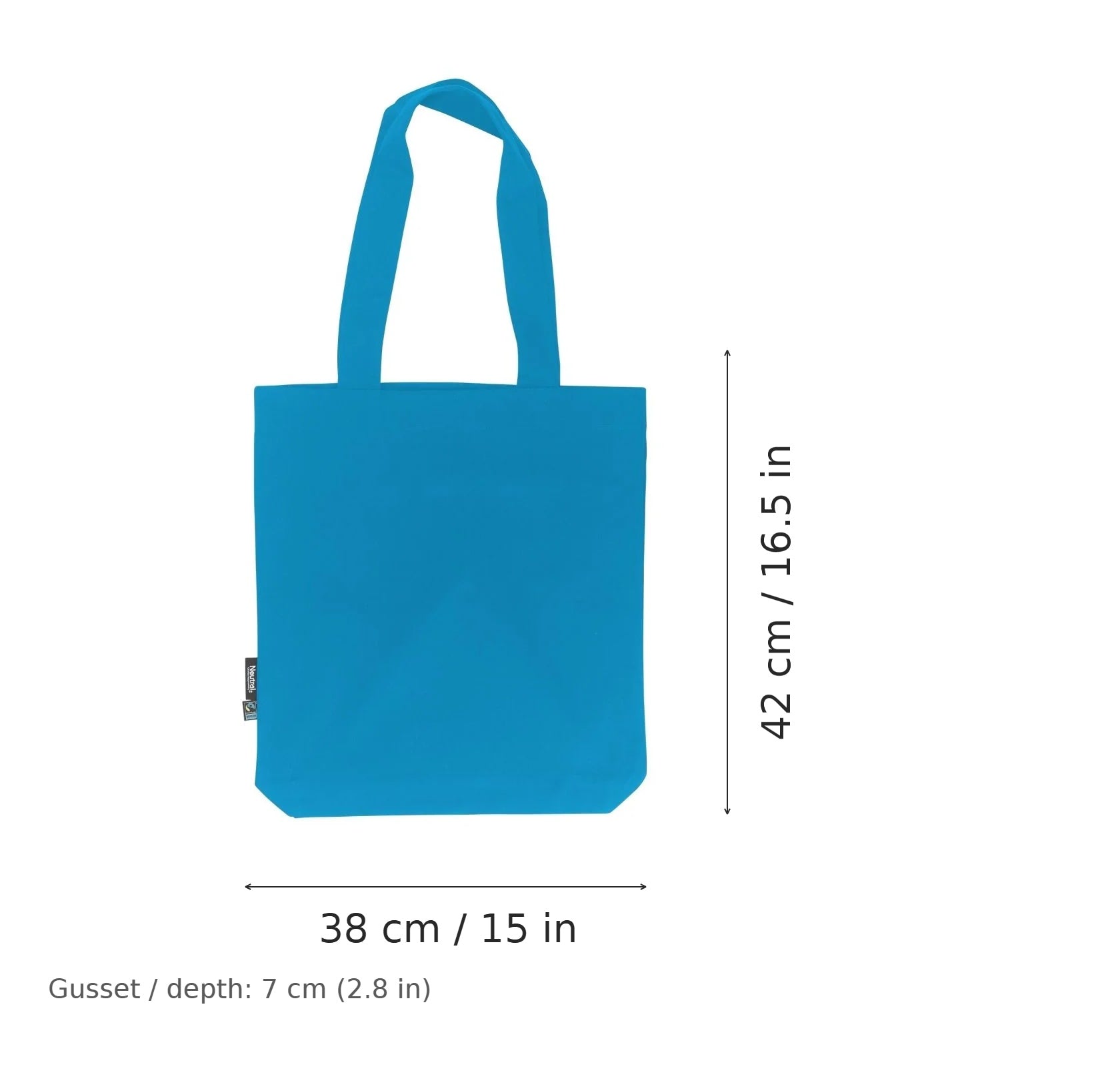 Safirblå mulepose i økologisk twill med eget tryk, 210 g/m², 38 × 42 cm med 7 cm kile, vist med mål for bredde og højde