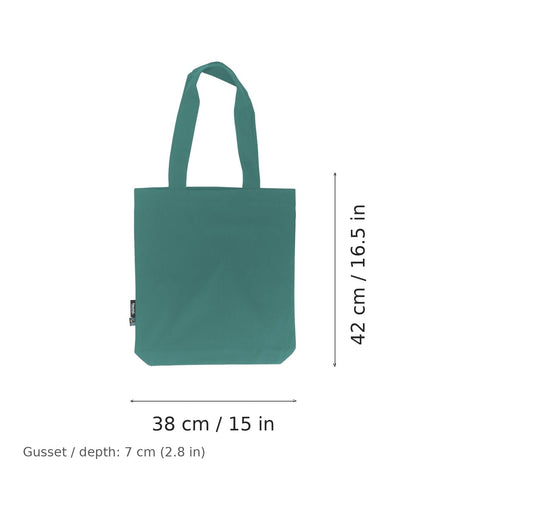 Shopper in twill di cotone biologico verde petrolio con stampa personalizzata, 210 g/m², 38 × 42 cm con soffietto da 7 cm, con misure di larghezza e altezza