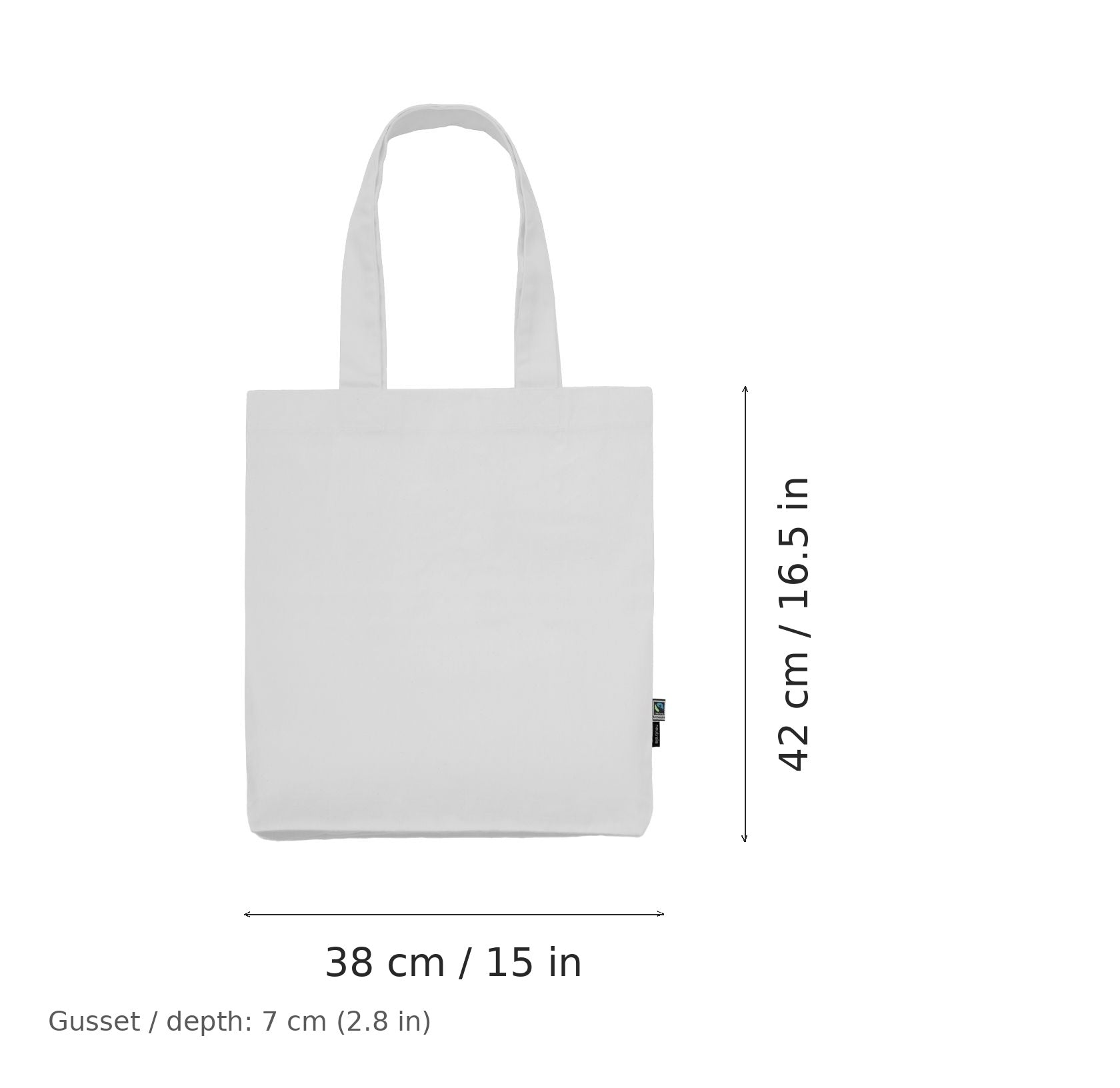 Weißer Bio-Twill-Jutebeutel mit Logodruck, 210 g/m², 38 × 42 cm mit 7 cm Bodenfalte, mit Maßangaben für Breite und Höhe