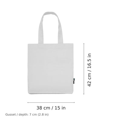 Weißer Bio-Twill-Jutebeutel mit Logodruck, 210 g/m², 38 × 42 cm mit 7 cm Bodenfalte, mit Maßangaben für Breite und Höhe