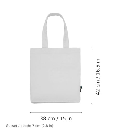 Shopper in twill di cotone biologico bianca con stampa personalizzata, 210 g/m², 38 × 42 cm con soffietto da 7 cm, con misure di larghezza e altezza