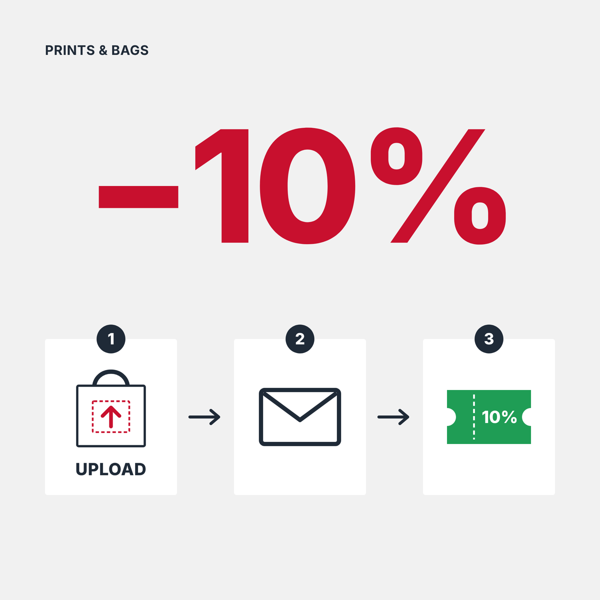 Carica il tuo logo o il tuo design nella pagina prodotto, lascia la tua email e ricevi un codice sconto del 10% per il tuo ordine di borse con stampa personalizzata su Prints & Bags