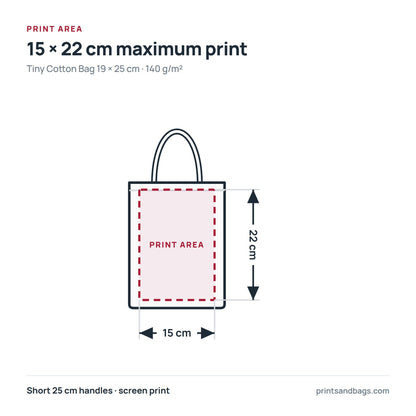 Diagram of the 15 × 22 cm maximum print area on a 19 × 25 cm tiny cotton bag with logo print
