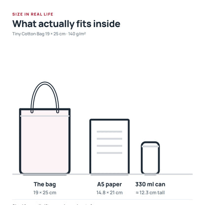 Size comparison of the 19 × 25 cm tiny cotton bag with A5 paper and a 330 ml can, drawn to scale