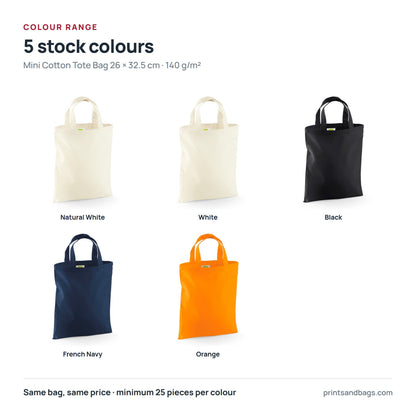 All 5 stock colours of the 26 × 32.5 cm mini cotton tote bag with logo print, 140 g/m²