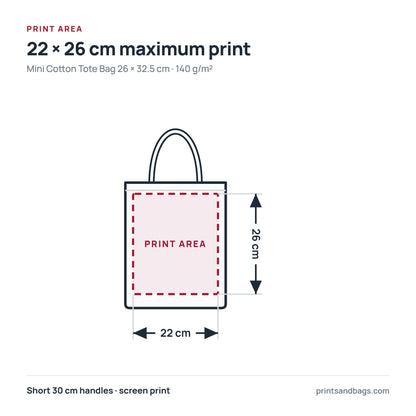 Diagram of the 22 × 26 cm maximum print area on a 26 × 32.5 cm mini cotton tote bag with logo print