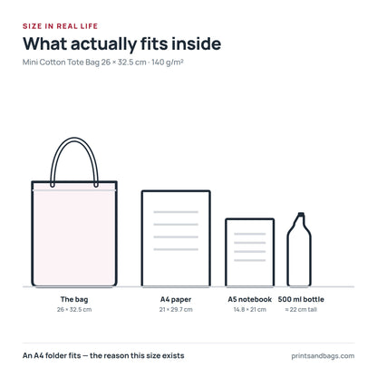 Size comparison of the 26 × 32.5 cm mini cotton tote bag with A4 paper, an A5 notebook and a 500 ml bottle, drawn to scale