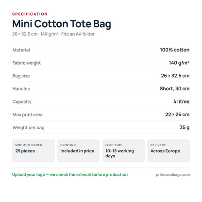 Specification of the 26 × 32.5 cm mini cotton tote bag: 100% cotton, 140 g/m², 4 litres, short 30 cm handles, 22 × 26 cm print area