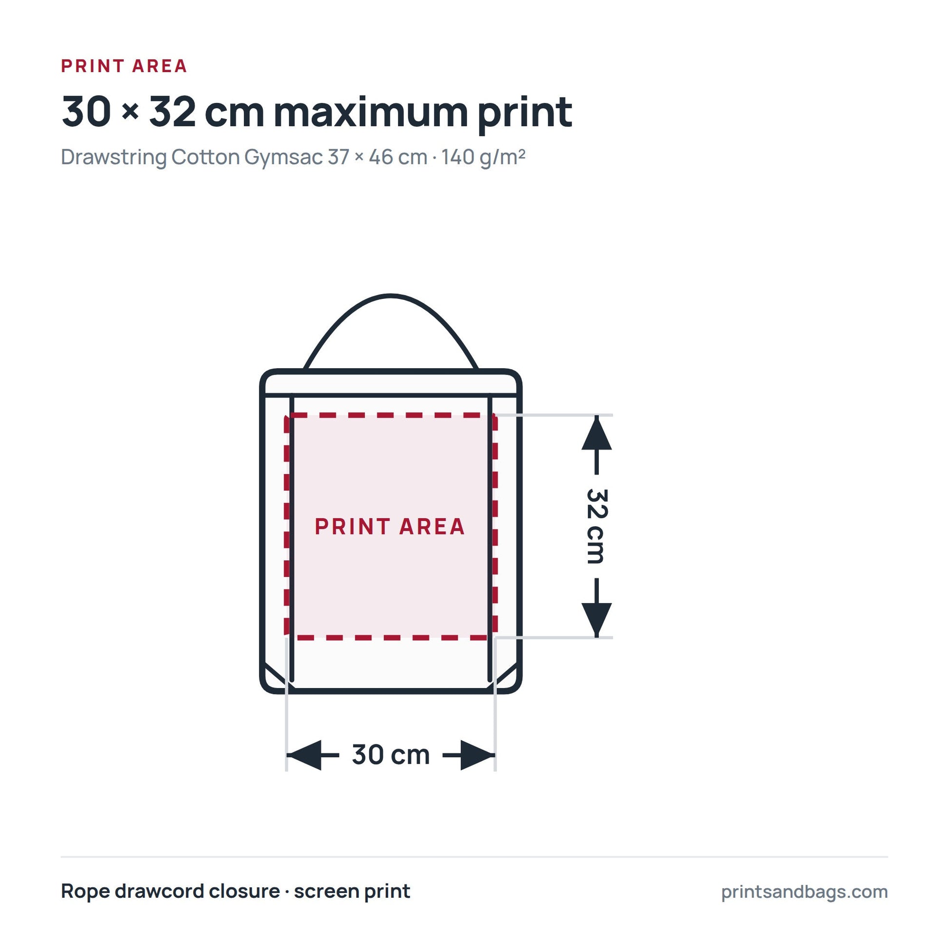 Diagram of the 30 × 32 cm maximum print area on a 37 × 46 cm cotton drawstring gymsac