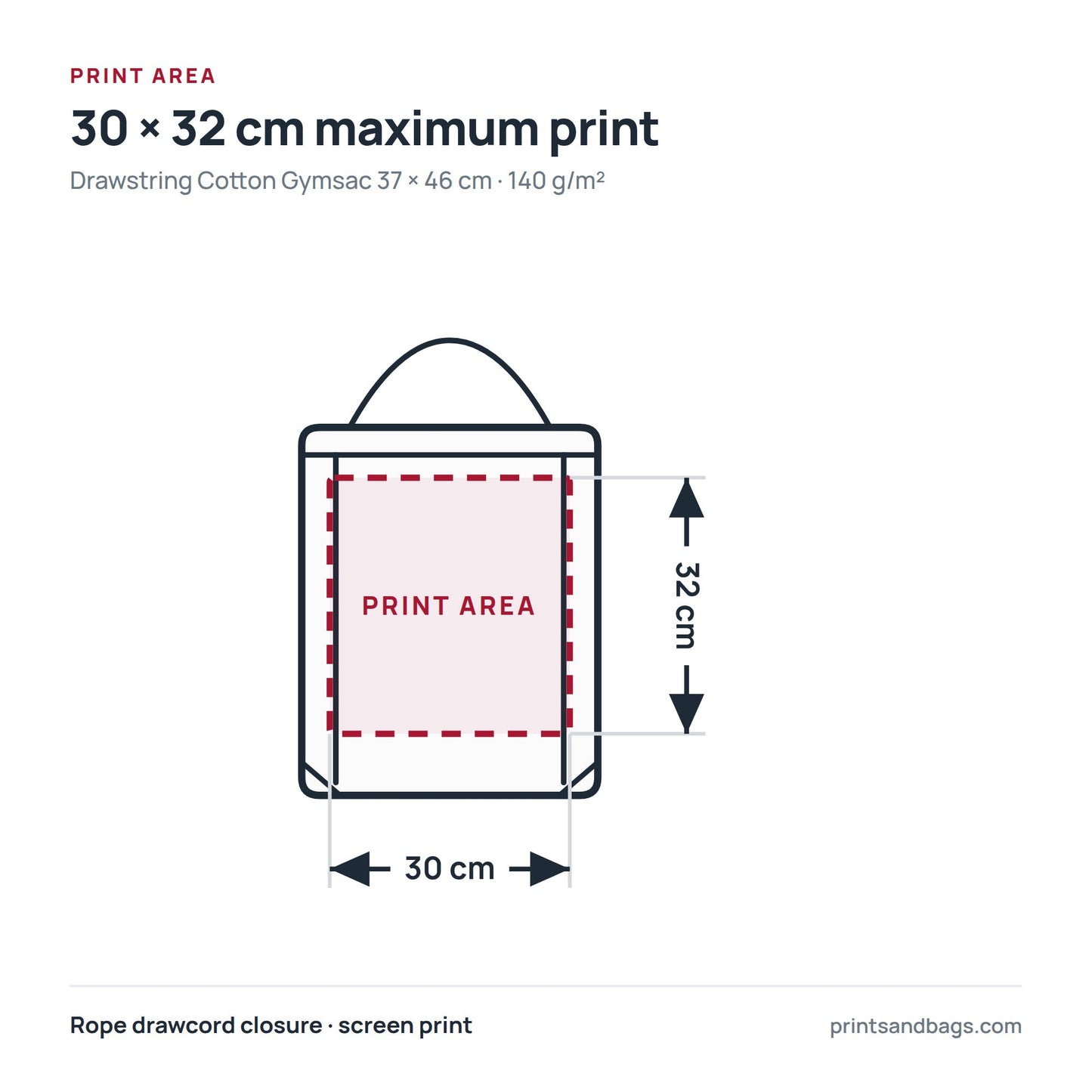 Diagram of the 30 × 32 cm maximum print area on a 37 × 46 cm cotton drawstring gymsac