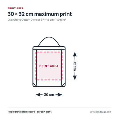 Diagram of the 30 × 32 cm maximum print area on a 37 × 46 cm cotton drawstring gymsac