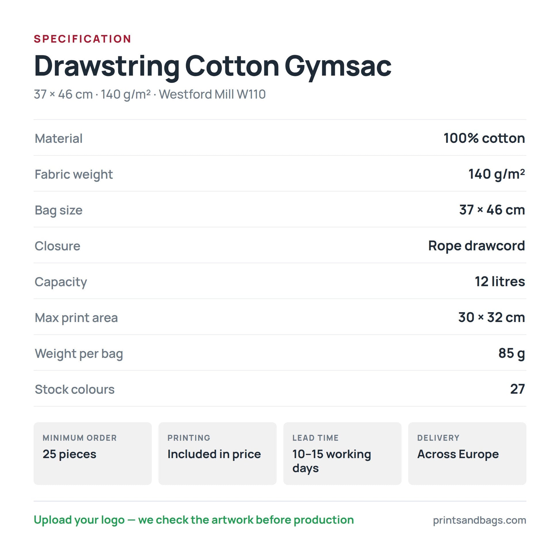 Specification of the 37 × 46 cm cotton drawstring gymsac: 100% cotton, 140 g/m², 12 litres, rope drawcord, 30 × 32 cm print area