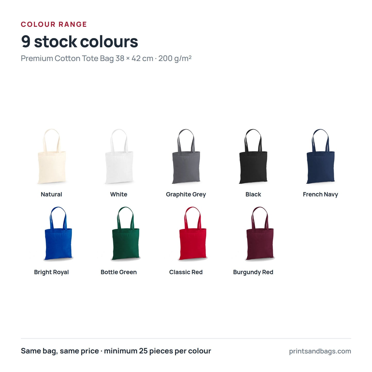 All 9 stock colours of the 38 × 42 cm premium cotton tote bag with logo print, 200 g/m²