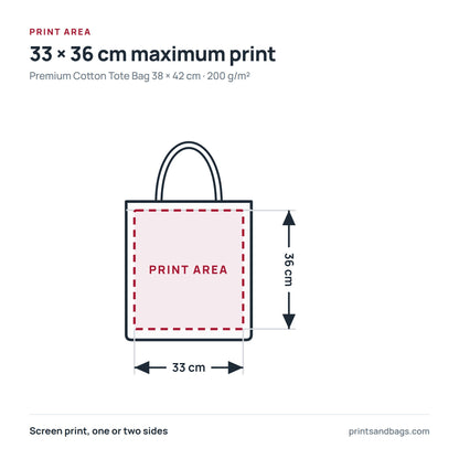 Diagram of the 33 × 36 cm maximum print area on a 38 × 42 cm premium cotton tote bag, 200 g/m²