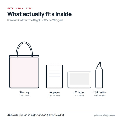 Size comparison of the 38 × 42 cm premium cotton tote bag with A4 paper, a 13-inch laptop and a 1.5 litre bottle, drawn to scale