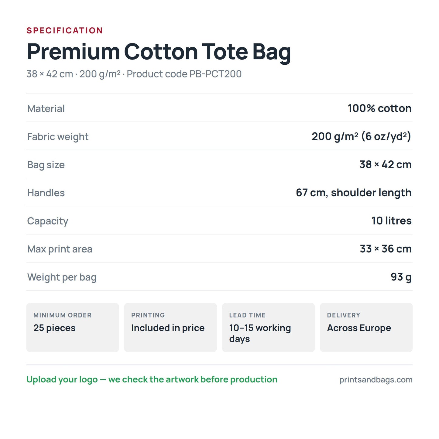 Specification of the 38 × 42 cm premium cotton tote bag: 100% cotton, 200 g/m², 10 litres, 67 cm handles, 33 × 36 cm print area
