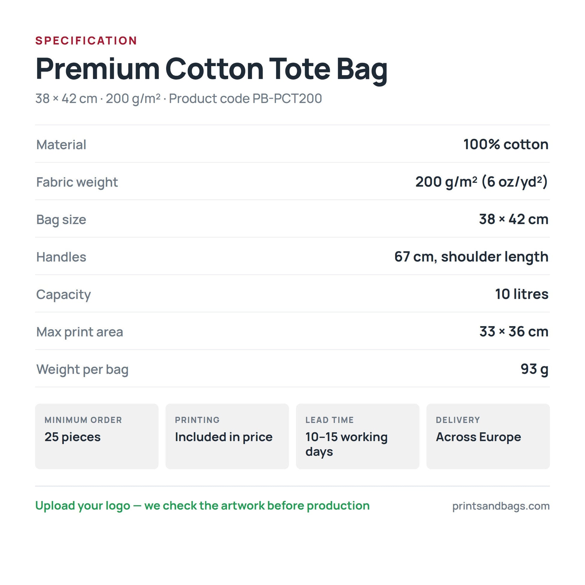 Specification of the 38 × 42 cm premium cotton tote bag: 100% cotton, 200 g/m², 10 litres, 67 cm handles, 33 × 36 cm print area