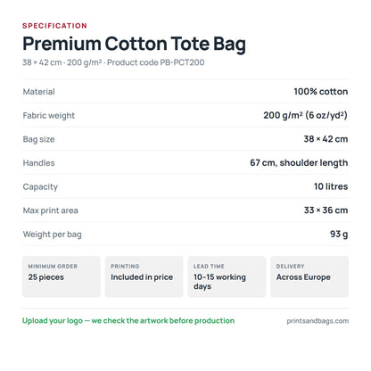 Specification of the 38 × 42 cm premium cotton tote bag: 100% cotton, 200 g/m², 10 litres, 67 cm handles, 33 × 36 cm print area