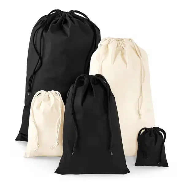Black reusable cotton pouch with custom logo, M printed gift bag